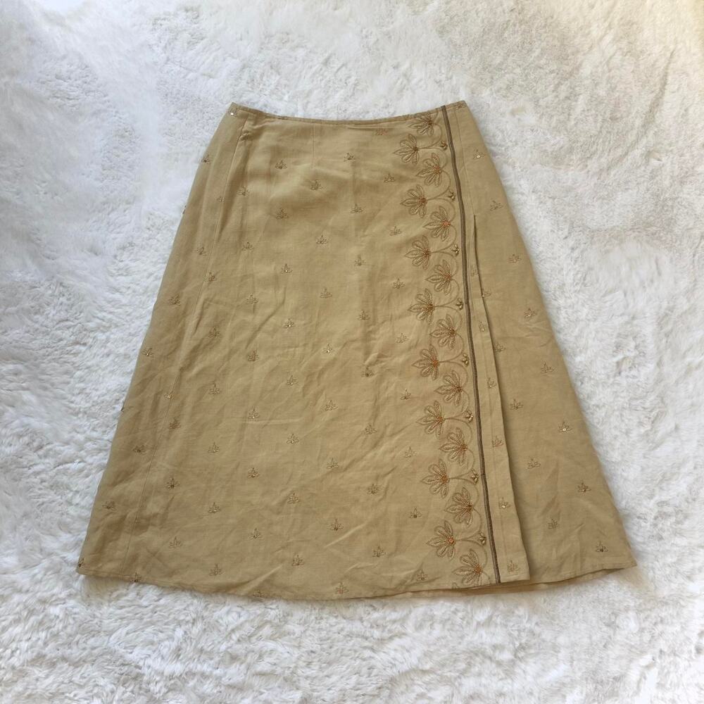 Beaded Silk Fairy Skirt Tan Boho Forest Floral Whimsical Midi Length - Size 8P - Picture 2 of 8